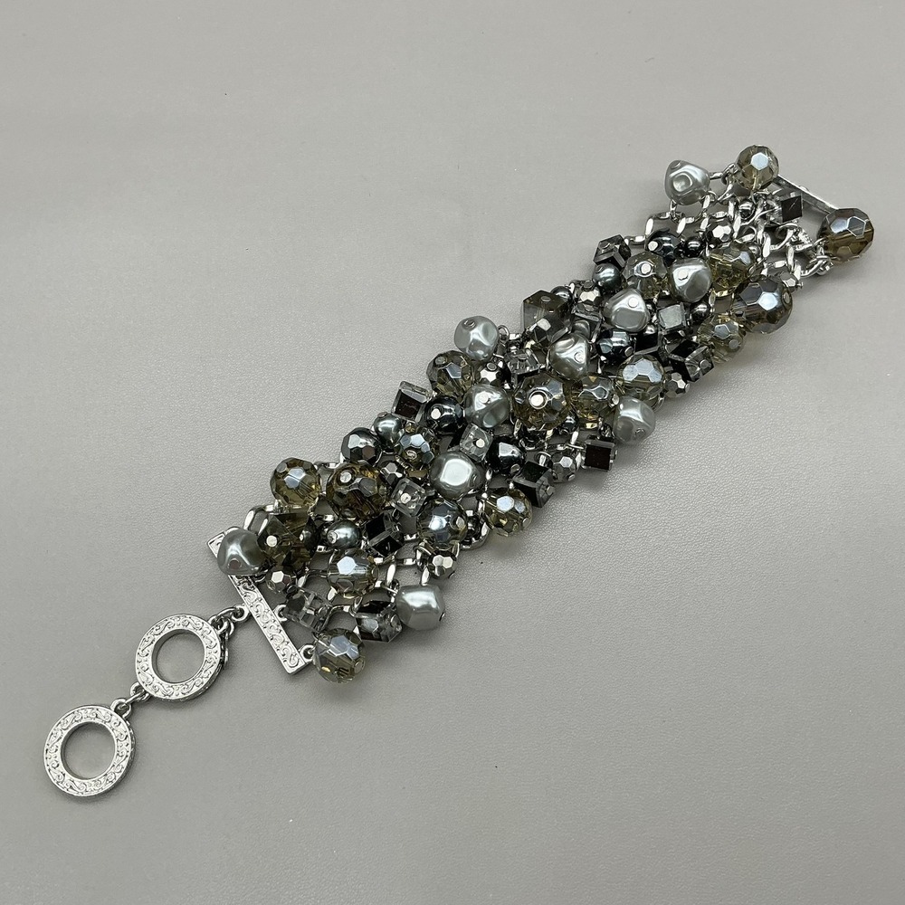 Premier Designs Bracelet‎ Silver Tone Gray Glass Beaded Toggle Cluster Womens 7"
